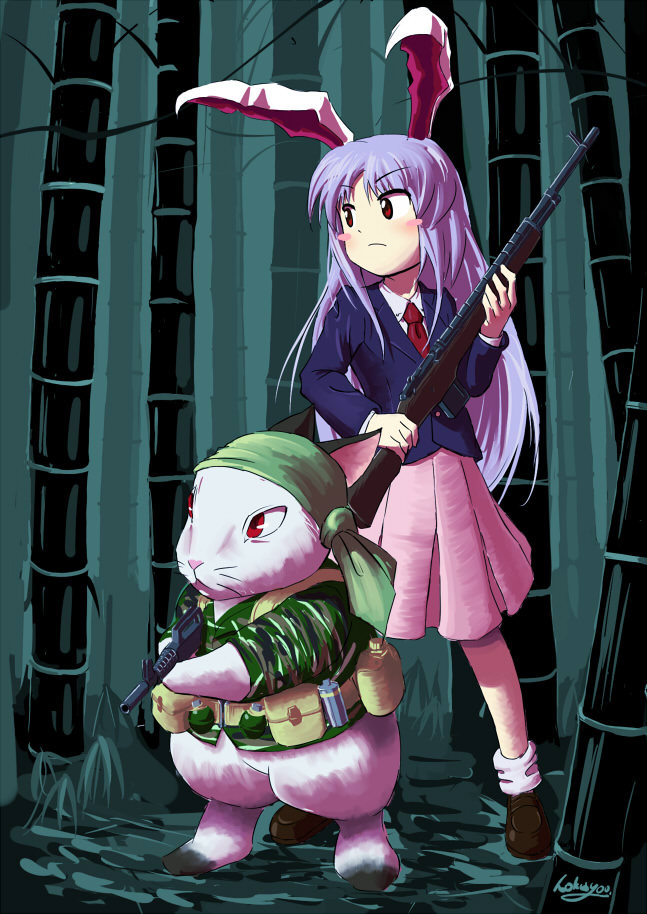 hokuyoo, packy, reisen udongein inaba, cat shit one, touhou, 1girl, animal ears, assault rifle, battle rifle, colt commando, crossover, gun, long hair, m14, m4 carbine, parody, purple hair, rabbit, rabbit ears, rifle, skirt, style parody, weapon, zun (style)