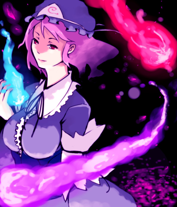 zen (pixiv), zen (raspberry), saigyouji yuyuko, touhou, bad id, bad pixiv id, 1girl, breasts, dress, female focus, ghost, hat, pink hair, ribbon, short hair, solo