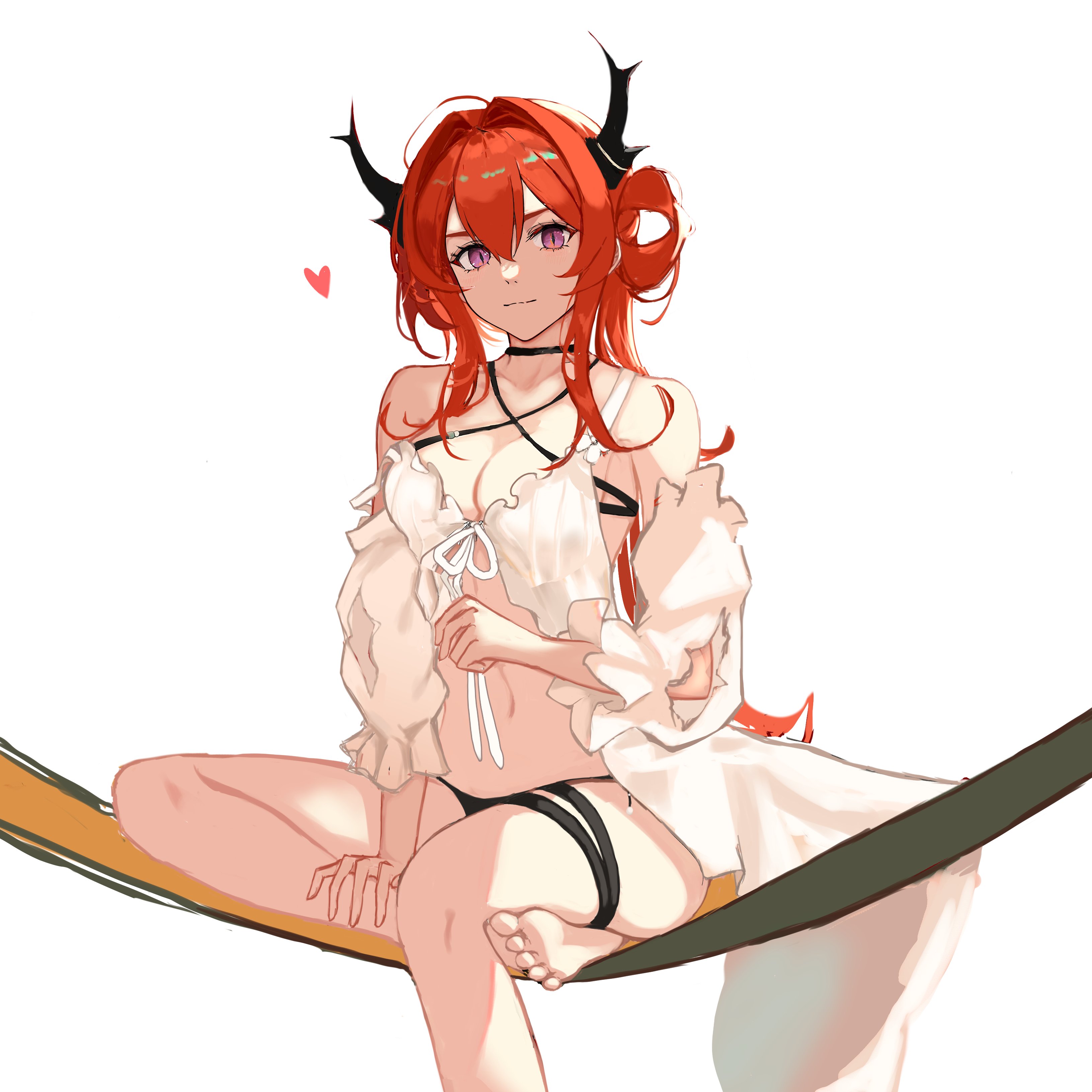 okamoto aoi, surtr (arknights), surtr (colorful wonderland) (arknights), arknights, absurdres, commentary request, highres, unfinished, 1girl, bikini, black bikini, black horns, breasts, cleavage, closed mouth, detached sleeves, foot out of frame, hair between eyes, hair intakes, hand on own leg, heart, horns, light smile, long hair, looking at viewer, medium breasts, navel, official alternate costume, orange hair, purple eyes, simple background, sitting, slit pupils, soles, solo, swimsuit, swimsuit cover-up, thigh strap, toes, white background, white sleeves