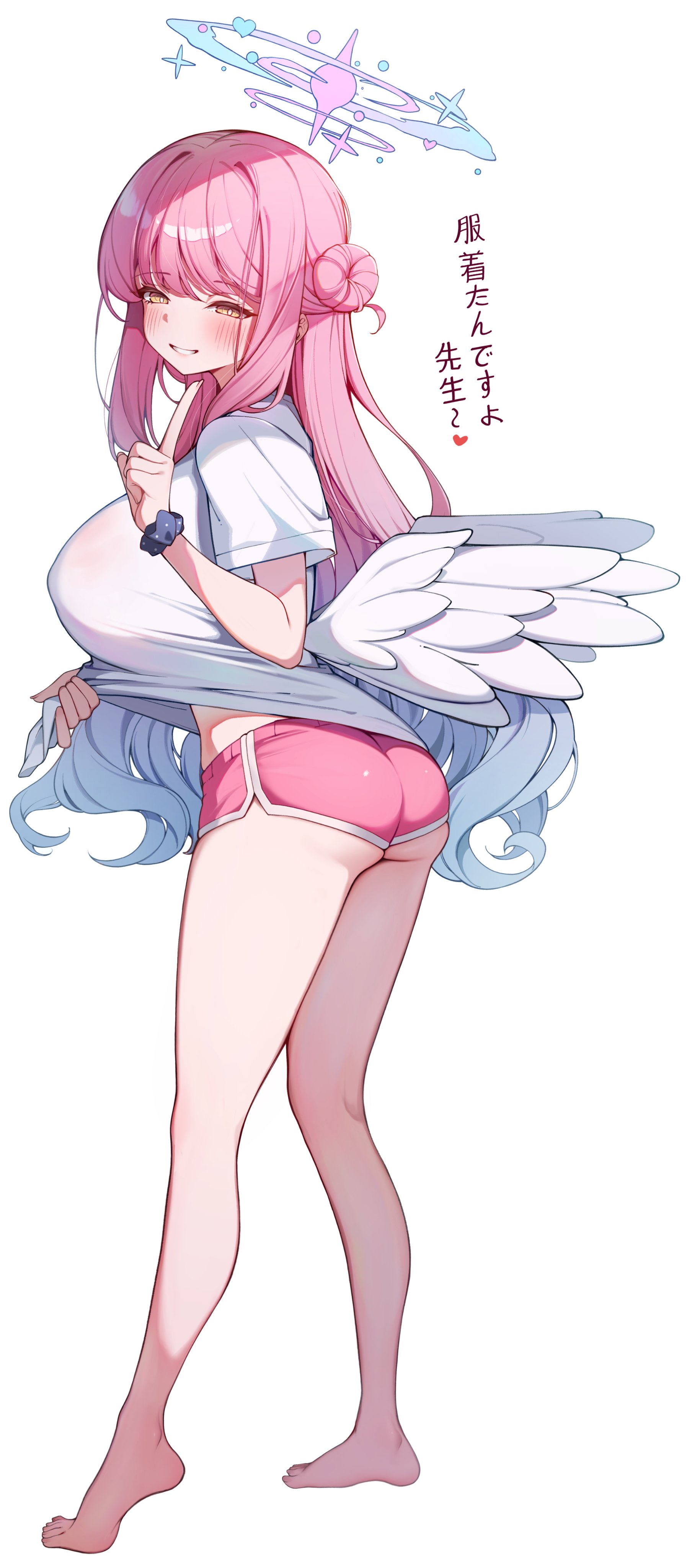 kyoto mogu, mika (blue archive), blue archive, absurdres, highres, translation request, 1girl, angel wings, black scrunchie, blush, feathered wings, full body, gradient halo, hair between eyes, hair bun, halo, long hair, looking at viewer, low wings, multicolored halo, open mouth, pink halo, scrunchie, shirt, shorts, simple background, single side bun, smile, solo, white background, white shirt, white wings, wings, wrist scrunchie