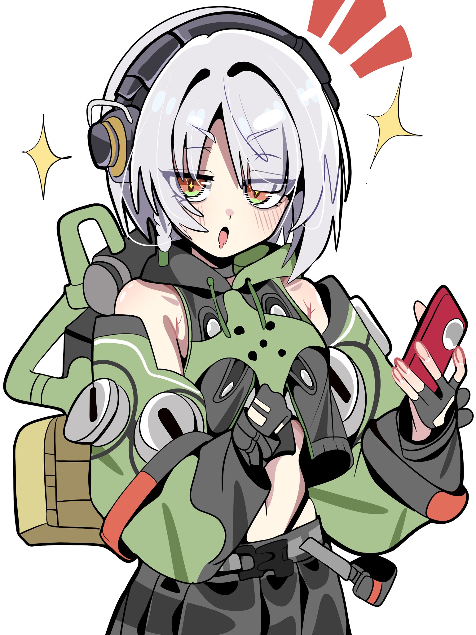 anby demara, zenless zone zero, highres, 1girl, backpack, bag, bare shoulders, belted skirt, black skirt, fingerless gloves, gloves, green jacket, green sleeves, grey hair, headphones, jacket, multicolored sleeves, navel, open mouth, orange eyes, phone, rukir777, saliva, skirt, sleeveless, sleeveless jacket, solo, sparkle, white background