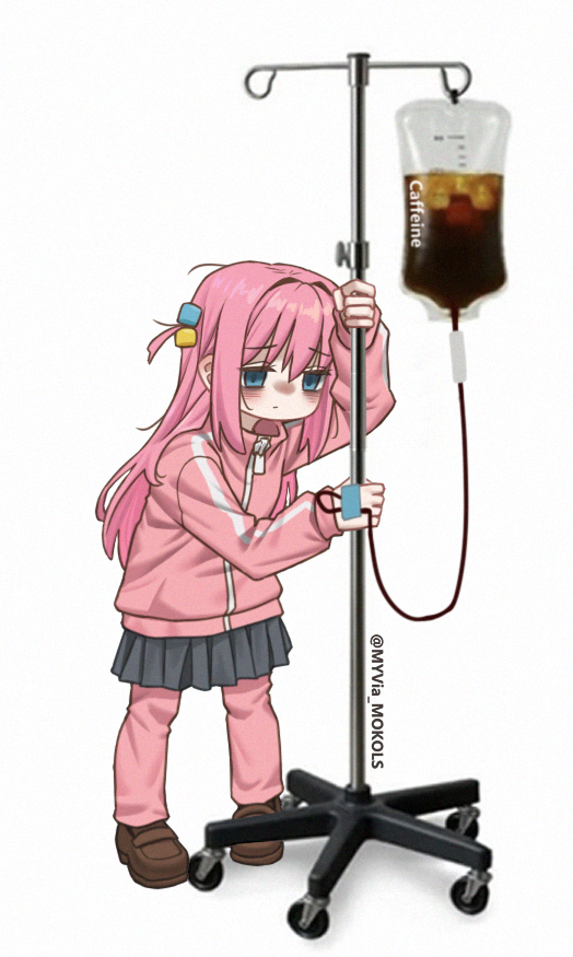 myvia mokols, gotoh hitori, bocchi the rock!, 1girl, bags under eyes, black skirt, blue eyes, brown shoes, closed mouth, coffee, cube hair ornament, english text, exhausted, frown, gibberish commentary, hair intakes, hair ornament, intravenous drip, jacket, leaning forward, long hair, long sleeves, miniskirt, one side up, pants, pink hair, pink jacket, pink pants, pleated skirt, shoes, simple background, skirt, solo, track jacket, track pants, twitter username, white background