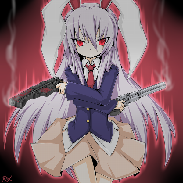 reku, daijuuji kuzaku, reisen udongein inaba, demonbane, touhou, bad id, bad pixiv id, 1girl, animal ears, dual wielding, female focus, gradient background, gun, hands on own hips, holding, long hair, parody, purple hair, rabbit ears, skirt, solo, weapon