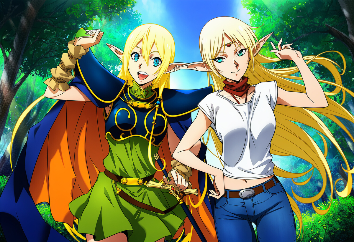 deedlit, tuka luna marceau, gate – jieitai ka no chi nite kaku tatakaeri, record of lodoss war, ai-generated, armor, blonde hair, blue eyes, cape, circlet, cosplay, costume switch, denim, dress, elf, green dress, jeans, leather armor, pants, pointy ears, shirt, white shirt