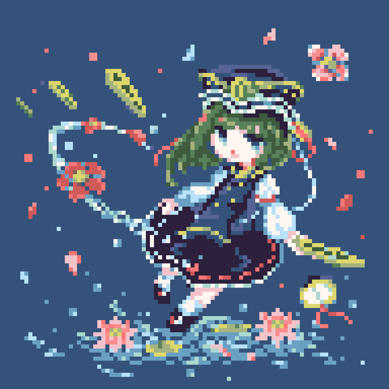 pii 614, shiki eiki, touhou, commentary request, 1girl, asymmetrical hair, black hat, black shoes, black skirt, blue background, flower, full body, green eyes, green hair, hat, looking at viewer, medium hair, open mouth, pink flower, pixel art, ribbon-trimmed skirt, ribbon trim, rod of remorse, shoes, simple background, skirt, socks, solo, white socks