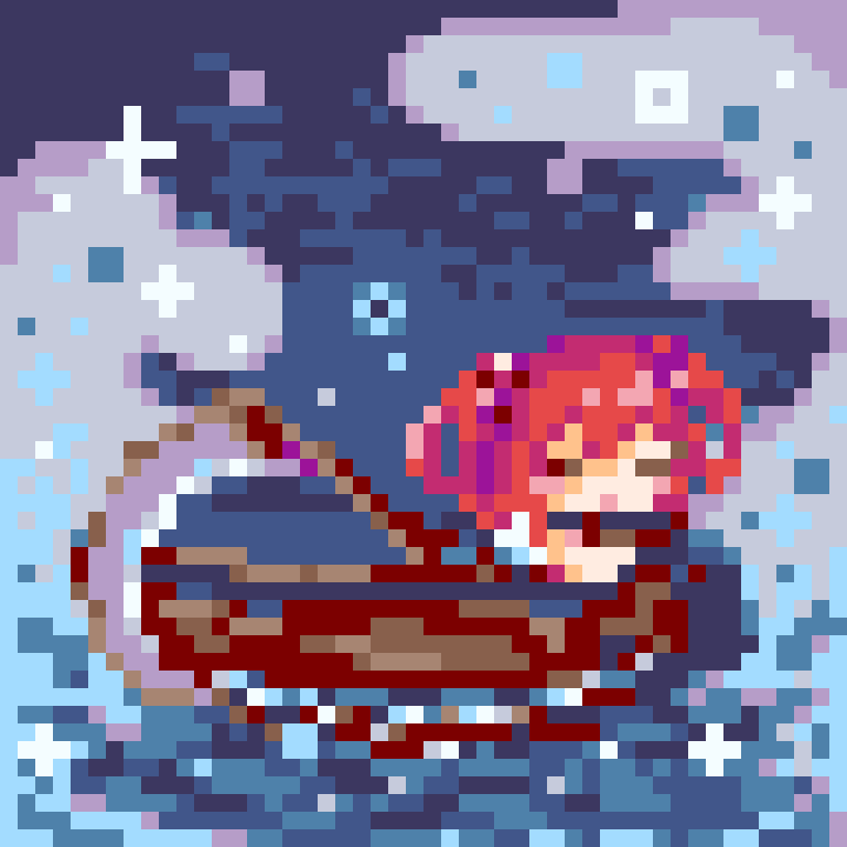 pii 614, onozuka komachi, touhou, commentary request, 1girl, boat, closed eyes, full body, pixel art, red hair, scythe, short hair, solo, two side up, water, watercraft