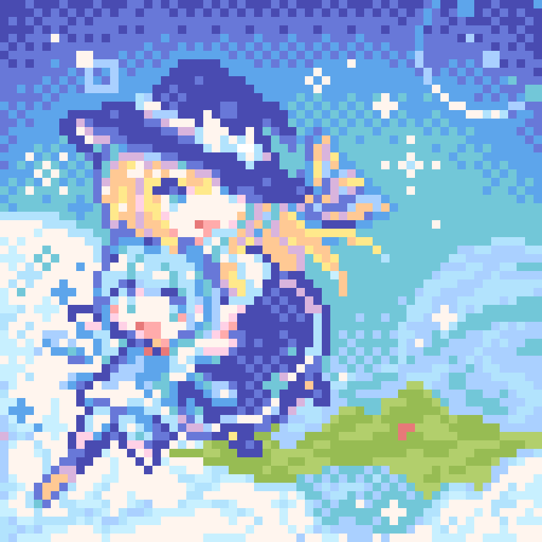 pii 614, cirno, kirisame marisa, touhou, commentary request, 2girls, black hat, blonde hair, blue eyes, blue hair, blue sky, broom, broom riding, full body, hat, long hair, multiple girls, outdoors, pixel art, short hair, sky, witch hat