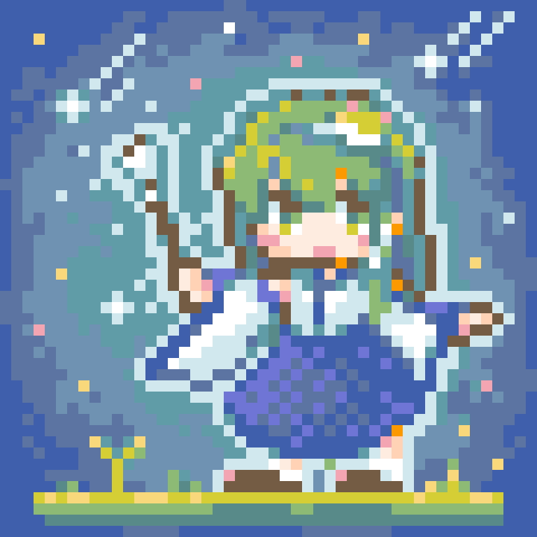 pii 614, kochiya sanae, touhou, commentary request, 1girl, blue background, blue skirt, detached sleeves, falling star, frog hair ornament, full body, gohei, green eyes, green hair, hair ornament, looking at viewer, open mouth, pixel art, shirt, skirt, solo, standing, white shirt