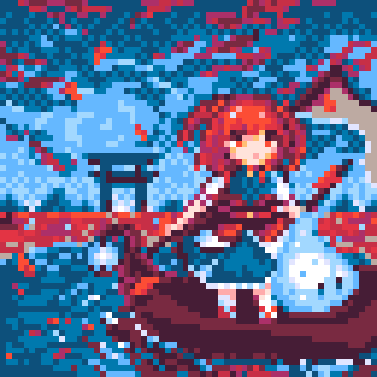 pii 614, onozuka komachi, touhou, commentary request, 1girl, blue background, blue dress, dress, ghost, holding, holding scythe, outdoors, pixel art, red eyes, sash, scythe, short hair, short sleeves, solo, standing, torii, two side up, water