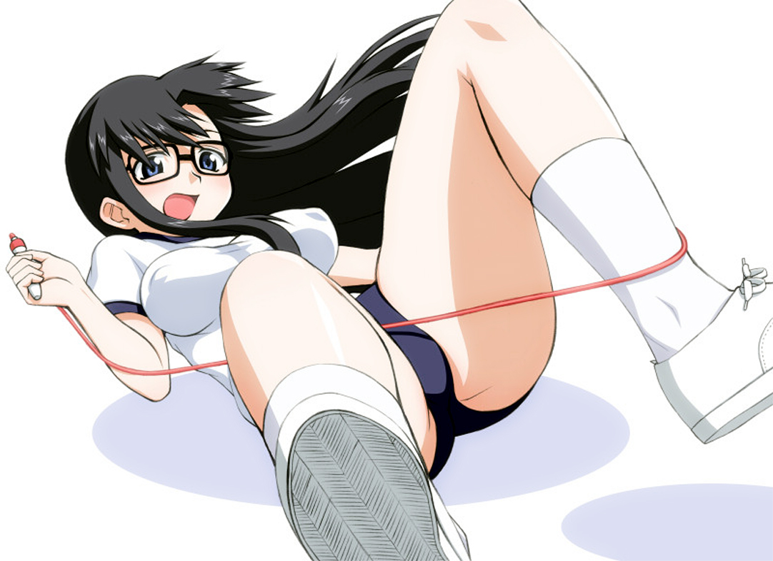 elf k, yomiko readman, read or die, 00s, 1girl, black hair, blue eyes, breasts, buruma, clumsy, covered erect nipples, entangled, female focus, glasses, gym uniform, holding, holding jump rope, jump rope, large breasts, long hair, solo
