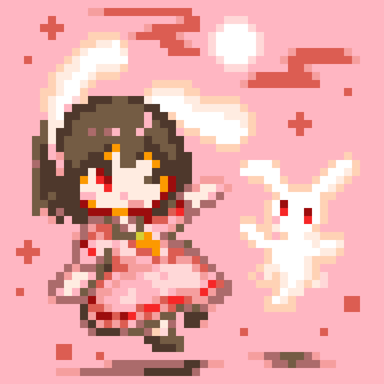 pii 614, inaba mob (touhou), inaba tewi, touhou, commentary request, 1girl, animal ears, black hair, carrot necklace, dress, full body, jewelry, necklace, one eye closed, pink background, pink dress, pixel art, rabbit ears, rabbit girl, red eyes, short hair, short sleeves, simple background
