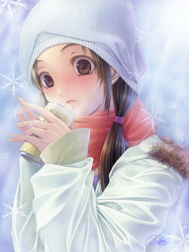 shounen democratica, original, bad id, bad pixiv id, 1girl, beanie, breath, brown eyes, brown hair, can, female focus, hat, scarf, snow, snowflakes, solo, twintails