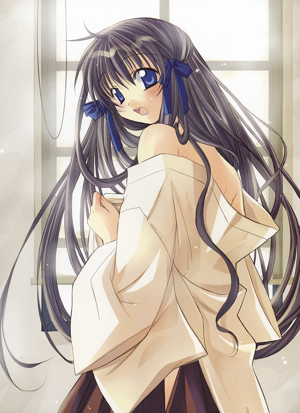 naruse chisato, hazuki mitsuba, eve license organization, highres, 1girl, bare shoulders, black hair, blue eyes, bow, female focus, japanese clothes, long hair, solo, undressing