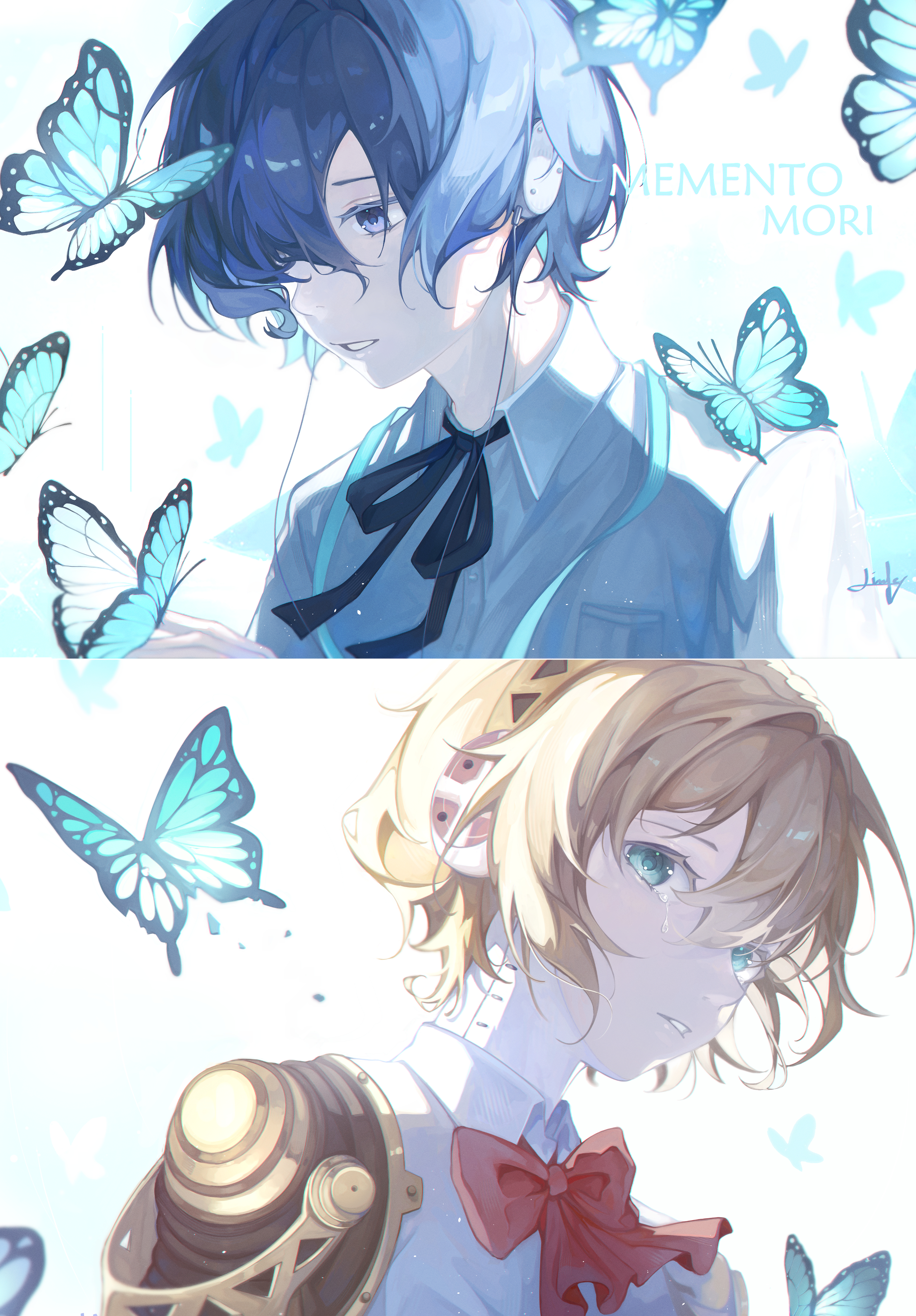 linfeyy, aigis (persona), yuuki makoto (persona 3), persona, persona 3, absurdres, commentary, english commentary, highres, 1boy, 1girl, android, aqua eyes, black ribbon, blonde hair, blue butterfly, blue eyes, blue hair, blue ribbon, bow, bug, butterfly, butterfly on hand, cable, collage, crying, crying with eyes open, double-parted bangs, from side, gekkoukan high school uniform, gold hairband, hair over one eye, hairband, headphones, insect, latin text, looking at viewer, looking down, mechanical arms, parted bangs, parted lips, red bow, ribbon, robot ears, school uniform, shirt, short hair, signature, tears, white background, white shirt