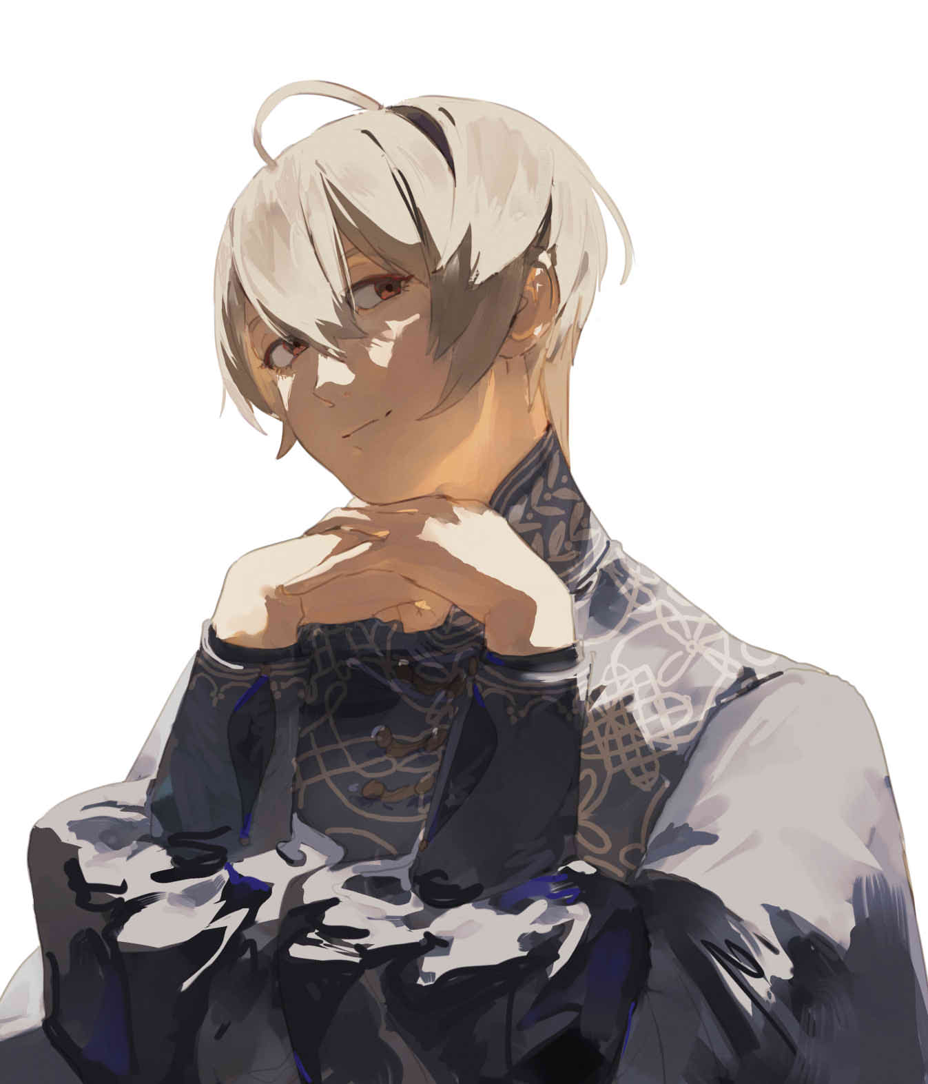 ai-wa, leo (fire emblem fates), fire emblem, fire emblem fates, nintendo, highres, 1boy, aristocratic clothes, blonde hair, hairband, looking at viewer, male focus, red eyes, smile, solo