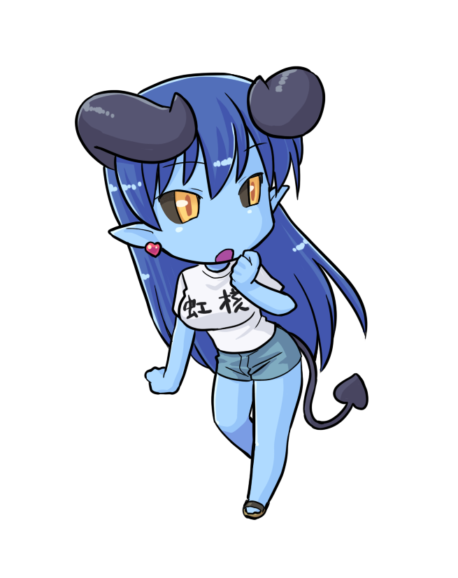 hinemosu notari, astaroth (shinrabanshou), shinrabanshou, translated, 1girl, black sclera, blue hair, blue skin, casual, chibi, colored sclera, colored skin, demon tail, earrings, female focus, heart, heart earrings, horns, jewelry, long hair, pointy ears, shirt, solo, t-shirt, tail, yellow eyes