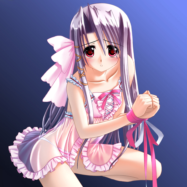1girl, bdsm, blue background, blush, bondage, bound, bound wrists, bow, female focus, lingerie, long hair, looking at viewer, panties, pink bow, purple hair, red eyes, ribbon, ribbon bondage, see-through clothes, simple background, solo, underwear