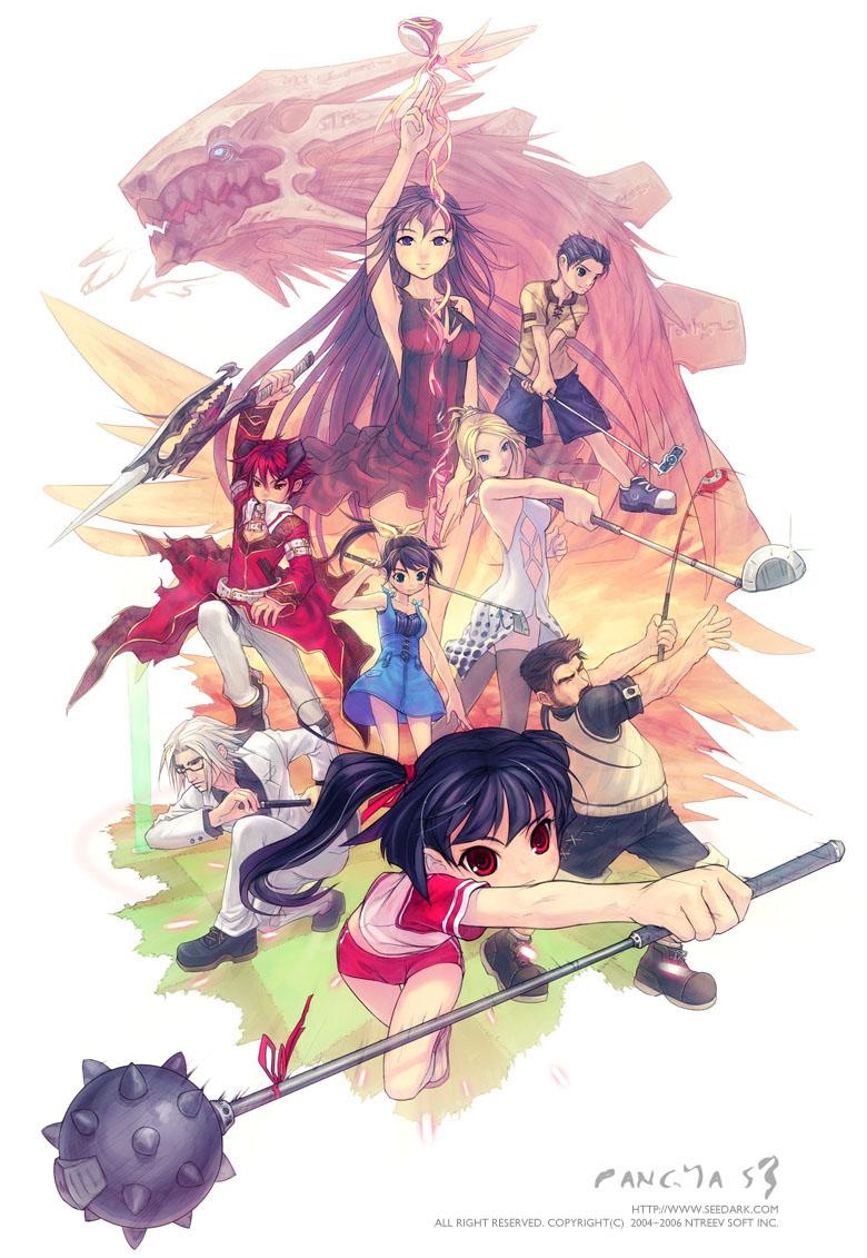 hana, seedark, arin (pangya), azer (pangya), cecilia, cecilia (pangya), hana (pangya), kooh (pangya), max, max (pangya), nuri (pangya), pangya, 4boys, 4girls, black hair, blonde hair, blue eyes, brown hair, closed eyes, dragon, dress, formal clothes, glasses, golf, golf club, horns, long hair, multiple boys, multiple girls, ponytail, purple eyes, red eyes, red hair, short hair, single horn, suit, thighhighs, twintails, weapon, white hair, zettai ryouiki
