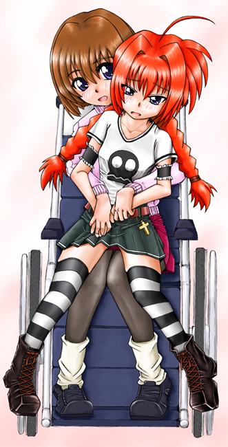 vita (nanoha), yagami hayate, lyrical nanoha, mahou shoujo lyrical nanoha, mahou shoujo lyrical nanoha a's, striped legwear, 00s, 2girls, multiple girls, pantyhose, shirt, striped clothes, striped thighhighs, t-shirt, thighhighs, wheelchair, yuri