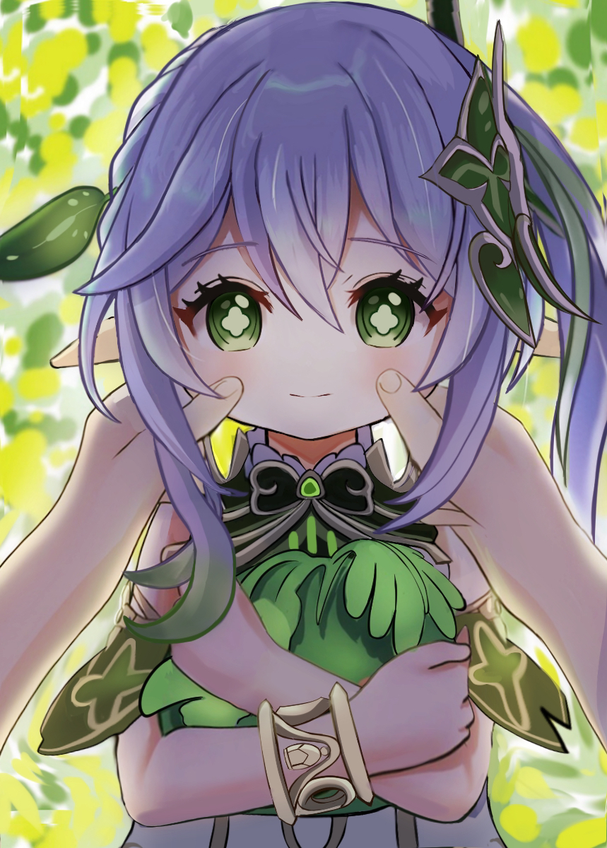 aoraine, dendro slime (genshin impact), nahida (genshin impact), slime (genshin impact), genshin impact, commentary, highres, 1girl, 1other, bare shoulders, blush, bracelet, cheek pinching, closed mouth, cross-shaped pupils, fingernails, gradient hair, green eyes, green hair, hair between eyes, hair ornament, holding, jewelry, leaf hair ornament, long hair, looking at viewer, multicolored hair, out of frame, pinching, pointy ears, pov, pov hands, side ponytail, sleeveless, smile, symbol-shaped pupils, white hair