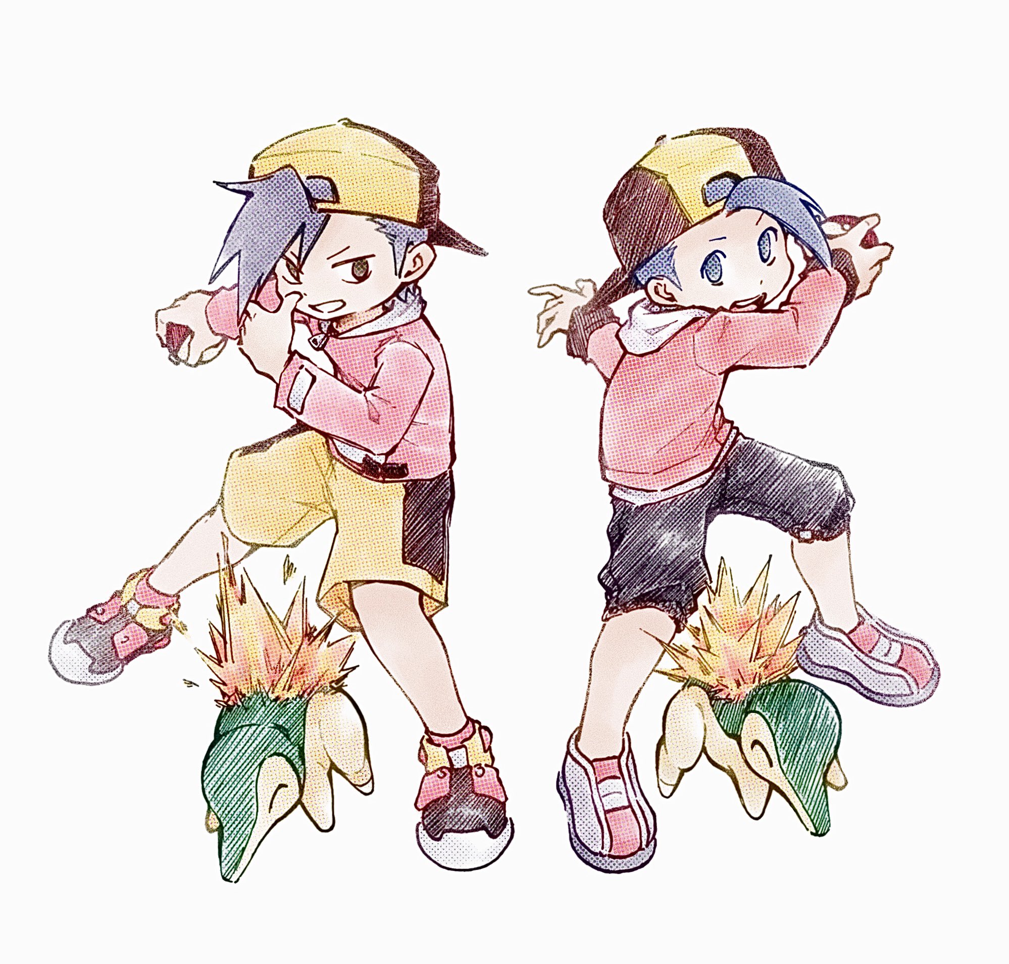 tan carbonnn, cyndaquil, ethan (pokemon), nintendo, pokemon, pokemon gsc, pokemon hgss, commentary request, highres, 2boys, backwards hat, black pants, capri pants, dual persona, gen 2 pokemon, grin, hat, holding, holding poke ball, jacket, long sleeves, male focus, multiple boys, pants, pink jacket, poke ball, poke ball (basic), shoes, short hair, shorts, smile, squatting, teeth, white background, yellow shorts
