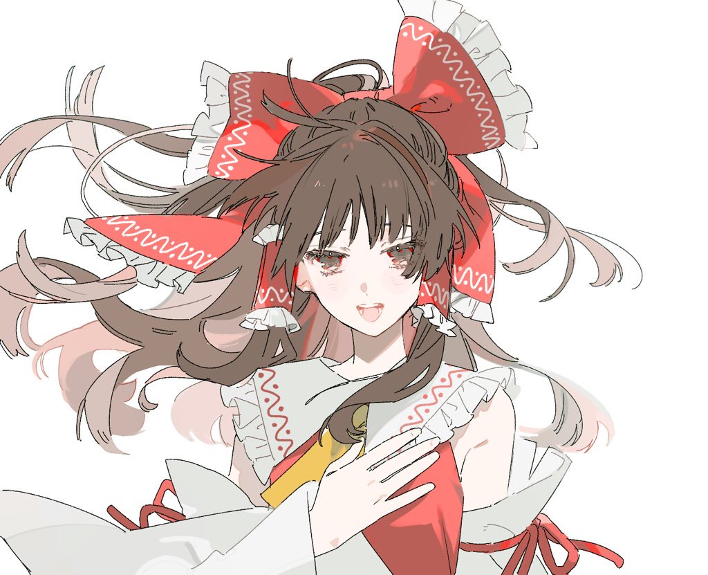 hakurei reimu, touhou, commentary request, 1girl, ascot, bow, brown eyes, brown hair, detached sleeves, frilled bow, frilled hair tubes, frills, hair bow, hair tubes, long hair, looking at viewer, open mouth, red bow, simple background, smile, solo, tetota tettou, white background, yellow ascot