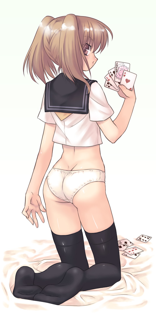 mitake eil, original, long image, tall image, 1girl, ass, bed, black thighhighs, brown eyes, brown hair, card, condom, feet, female focus, holding, holding card, holding condom, kneeling, no pants, panties, school uniform, serafuku, sexually suggestive, socks, solo, thighhighs, twintails, underwear, white panties