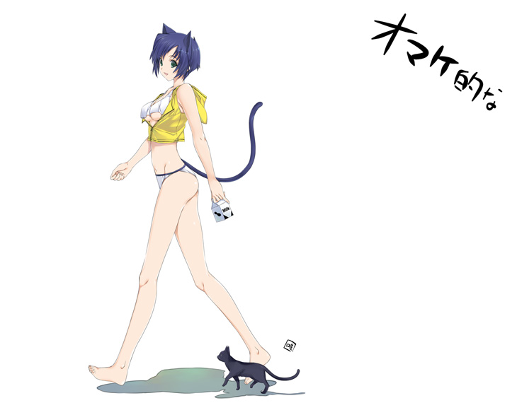 iizuki tasuku, 1girl, animal ears, barefoot, bikini, blue hair, breasts, cat, cat ears, cat tail, green eyes, milk, short hair, swimsuit, tail, underboob, walking