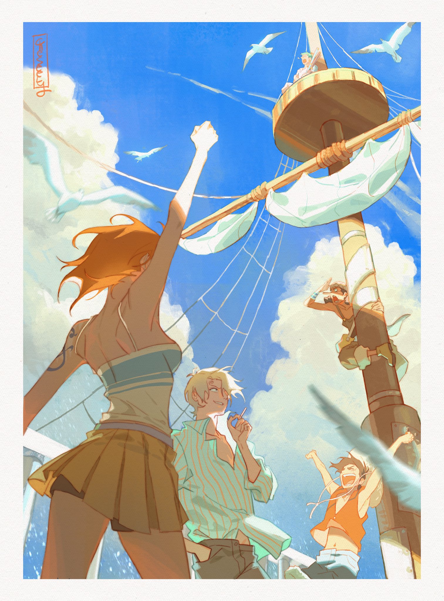 cheseely, monkey d. luffy, nami (one piece), roronoa zoro, sanji (one piece), usopp, one piece, commentary, english commentary, highres, 1girl, 4boys, arm up, arms up, bare shoulders, bird, black hair, blonde hair, blue shorts, blue sky, border, breasts, brown overalls, camisole, cigarette, cloud, cloudy sky, cowboy shot, full body, green hair, hat, long nose, medium breasts, miniskirt, multiple boys, open mouth, orange hair, outdoors, overalls, pirate ship, pleated skirt, red vest, shirt, short hair, shorts, shoulder tattoo, sitting, skirt, sky, spaghetti strap, standing, straw hat, straw hat pirates, tattoo, upper body, vest, white bird, white border, white camisole, yellow skirt