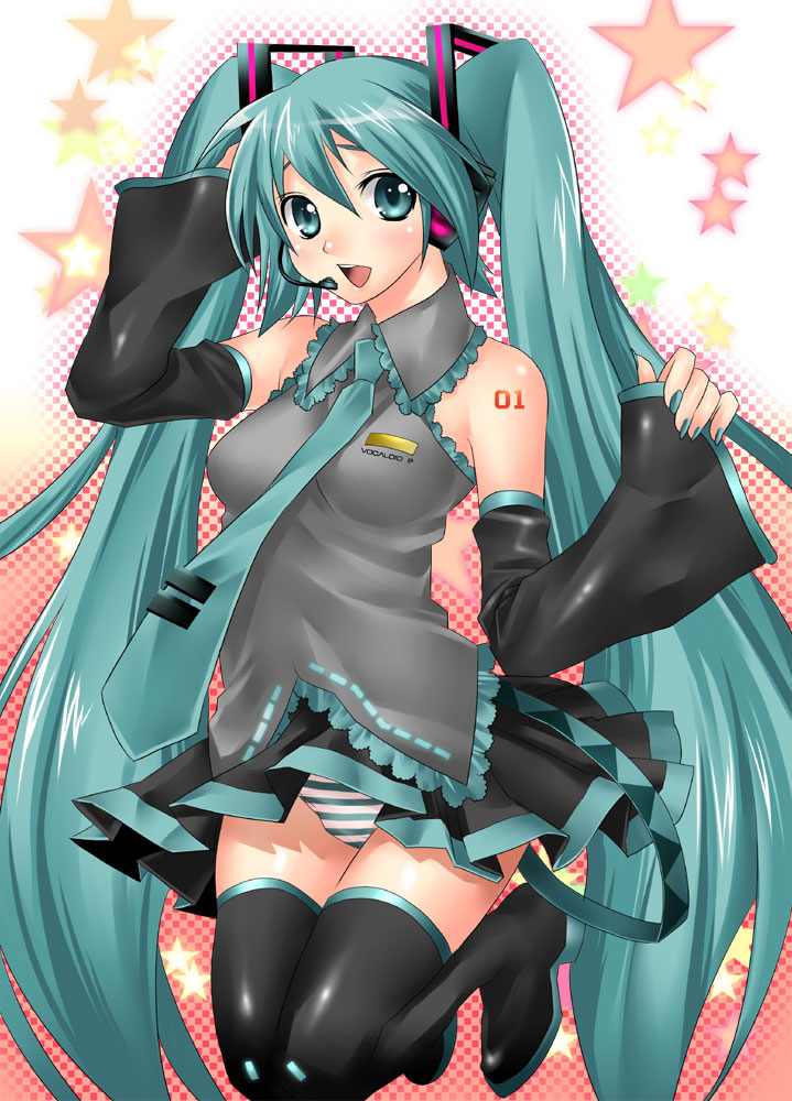 makuro, hatsune miku, vocaloid, bad id, bad pixiv id, 1girl, aqua eyes, aqua hair, aqua nails, boots, detached sleeves, female focus, jumping, long hair, nail polish, necktie, panties, pantyshot, solo, striped clothes, striped panties, thigh boots, thighhighs, twintails, underwear, zettai ryouiki