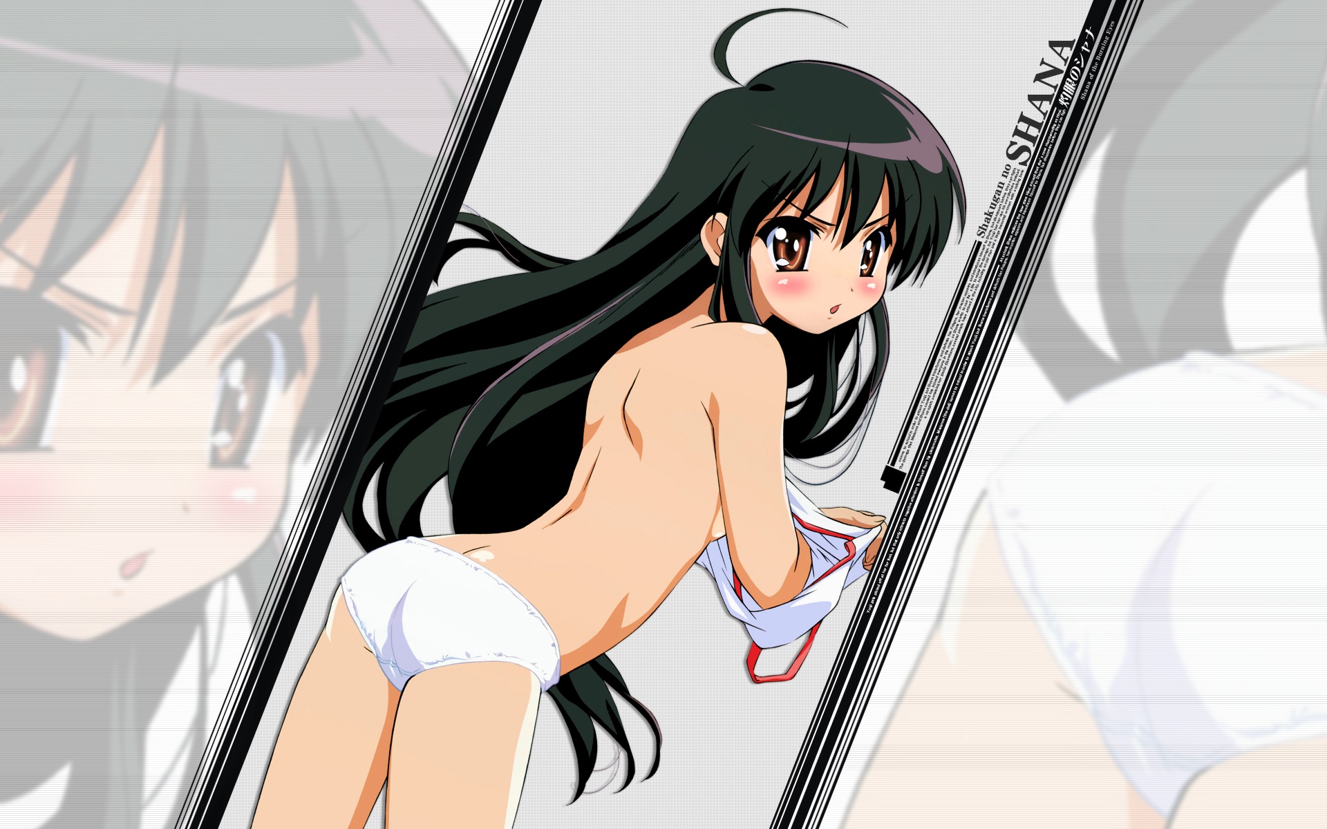 shana, shakugan no shana, highres, 00s, 1girl, ahoge, arched back, ass, back, black hair, blush, butt crack, camisole, camisole lift, clothes lift, copyright name, cowboy shot, female focus, from side, grey background, legs apart, long hair, panties, simple background, solo, standing, topless female, underwear, v-shaped eyebrows, very long hair, zoom layer