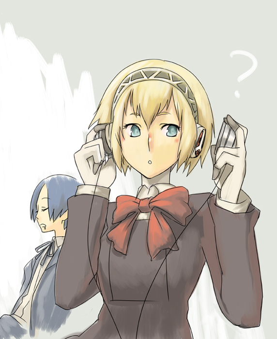 chan co, aigis (persona), yuuki makoto (persona 3), atlus, persona, persona 3, android, blonde hair, blue eyes, bow, hairband, headphones, ribbon, robot ears, school uniform, serafuku, short hair