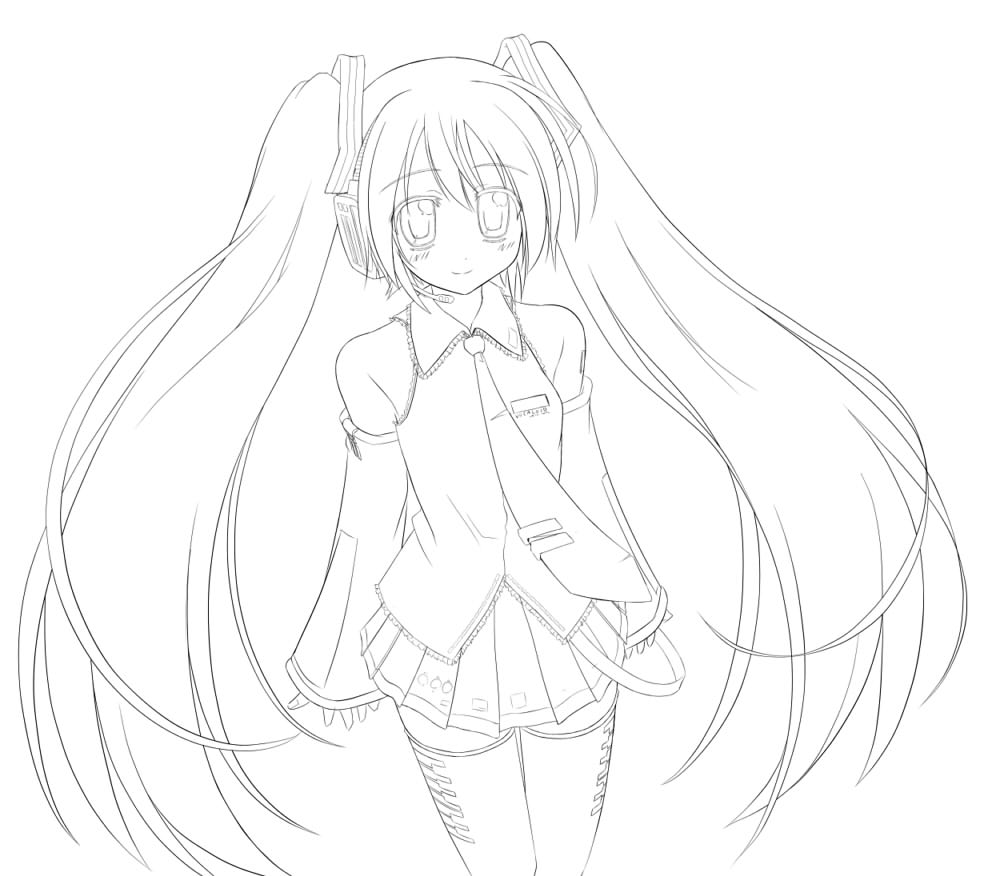 mugityax, hatsune miku, vocaloid, detached sleeves, greyscale, long hair, monochrome, necktie, solo, thighhighs, twintails