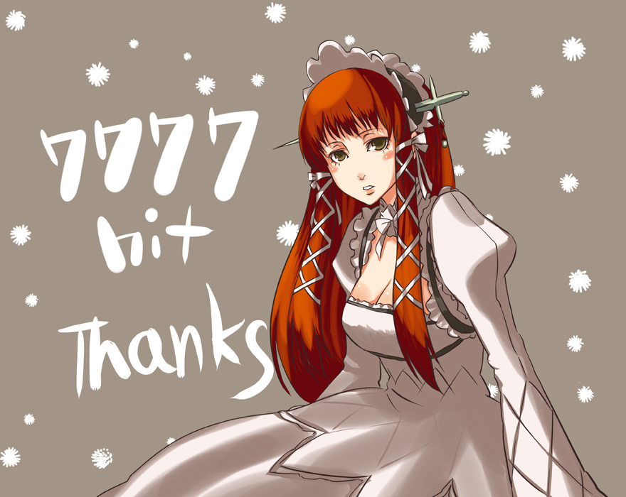 chan co, yoshino chidori, atlus, persona, persona 3, blush, choker, dress, goth fashion, gothic lolita, hairband, lolita fashion, long hair, red hair, ribbon, solo
