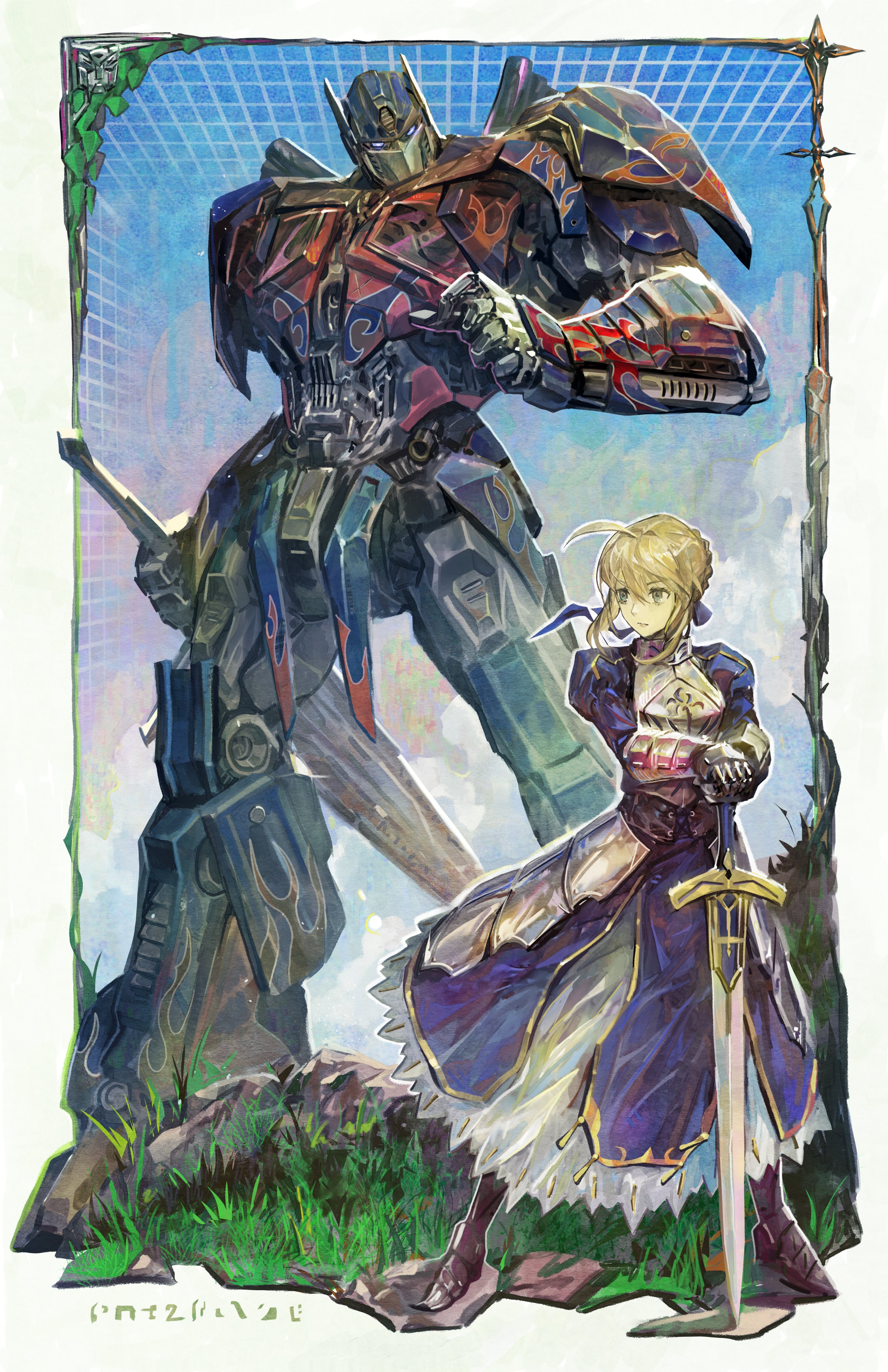 subakeye, artoria pendragon (fate), optimus prime, saber (fate), fate/stay night, fate (series), transformers, absurdres, commentary, english commentary, highres, 1boy, 1girl, ahoge, armor, blonde hair, blue dress, blue eyes, breastplate, crossover, dress, excalibur (fate/stay night), gauntlets, holding, holding sword, holding weapon, looking at another, parted lips, robot, short hair, standing, sword, weapon