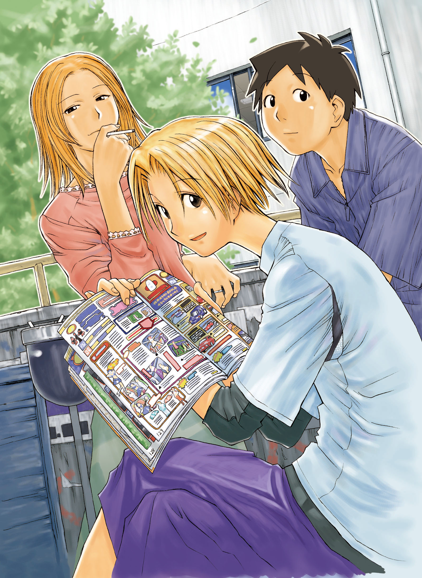 kio shimoku, kasukabe saki, kousaka makoto, sasahara kanji, genshiken, highres, official art, 1girl, 2boys, black eyes, black hair, blonde hair, brown eyes, building, cigarette, cover, cover page, crossed legs, looking at viewer, magazine (object), manga cover, multiple boys, open window, orange hair, outdoors, pink shirt, shiou university, shirt, shorts, sitting, smile, smoking, tree, window