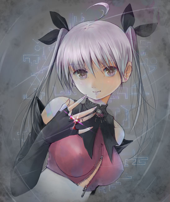 yurikuta tsukumi, original, silver hair, 1girl, ahoge, bare shoulders, brooch, diffraction spikes, earrings, elbow gloves, fantasy, female focus, fingerless gloves, gloves, jewelry, nail polish, pink nails, ring, solo, stud earrings, twintails, unzipped
