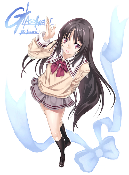 kousaki rui, original, black legwear, tagme, arm behind back, black hair, black shoes, full body, long hair, school uniform, serafuku, shoes, solo