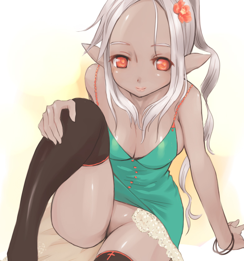 gk, silver hair, black thighhighs, bracelet, dark-skinned female, dark skin, flower, jewelry, no panties, pointy ears, red eyes, solo, thighhighs