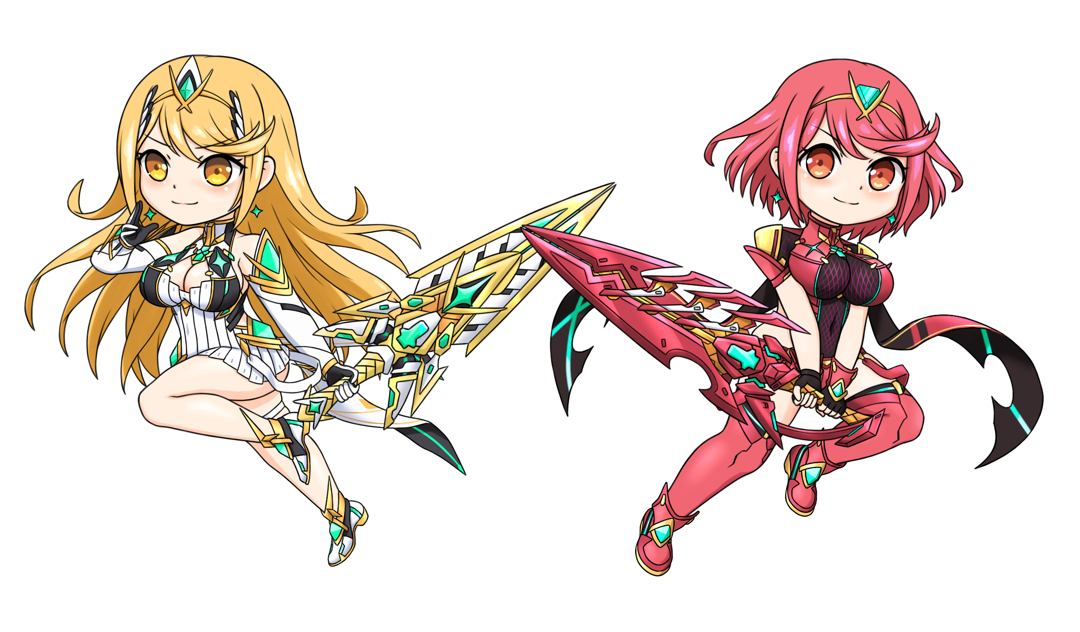 feichu keju, mythra (xenoblade), pyra (xenoblade), xenoblade chronicles (series), xenoblade chronicles 2, commentary, commentary request, english commentary, highres, mixed-language commentary, 2girls, aegis sword (xenoblade), bare shoulders, blonde hair, bob cut, breasts, chest jewel, chibi, cleavage, cleavage cutout, closed mouth, clothing cutout, core crystal (xenoblade), deformed, dual persona, earrings, elbow gloves, gem, gloves, headpiece, holding, holding sword, holding weapon, jewelry, large breasts, long hair, multiple girls, red eyes, red hair, short hair, simple background, smile, swept bangs, sword, tiara, weapon, white background, yellow eyes