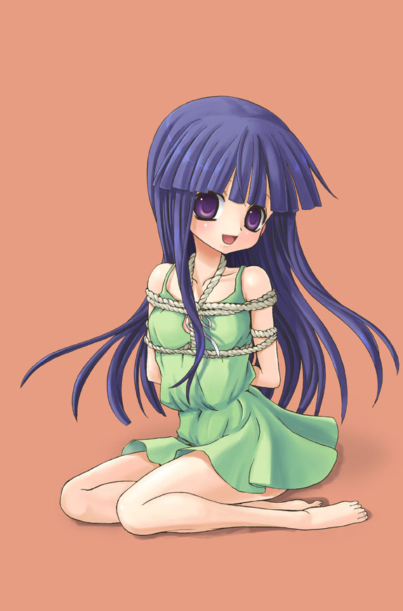 tachibana koo, furude rika, higurashi no naku koro ni, 00s, 1girl, bdsm, blue hair, bondage, bound, female focus, green skirt, happy, loli, purple eyes, rope, shibari, sitting, skirt, solo