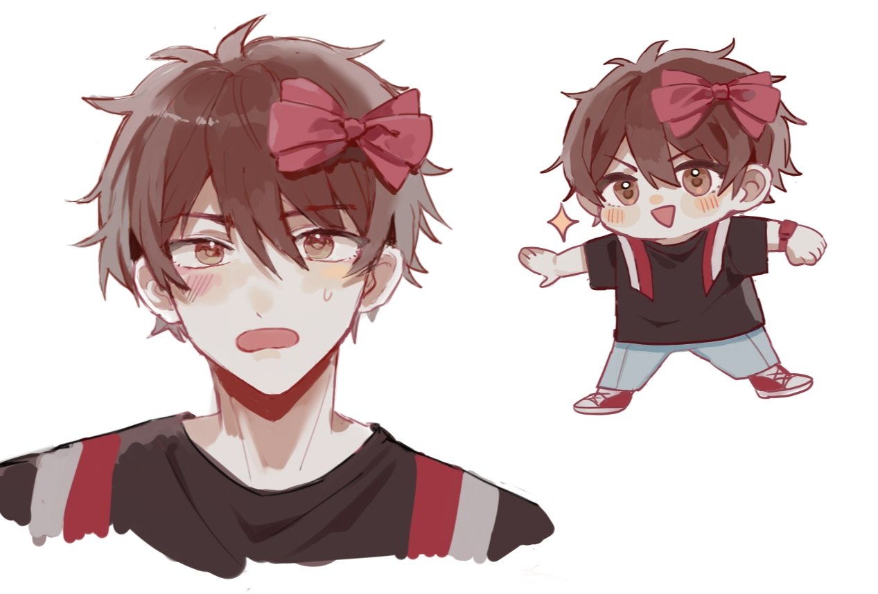 jing qiu123, morisawa chiaki, ensemble stars!, chinese commentary, commentary request, blush, bow, breasts, breasts out, brown eyes, brown hair, chibi, clenched hand, date plan (ensemble stars!), looking at viewer, nervous sweating, open mouth, outstretched hand, red bow, short hair, simple background, sparkle, sweat, watch, white background, wristwatch