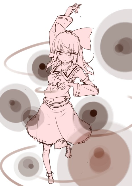ket-c, hakurei reimu, touhou, 1girl, arm up, ascot, bow, detached sleeves, female focus, hair bow, hair tubes, japanese clothes, midriff, miko, monochrome, pink theme, sketch, skirt, skirt set, solo
