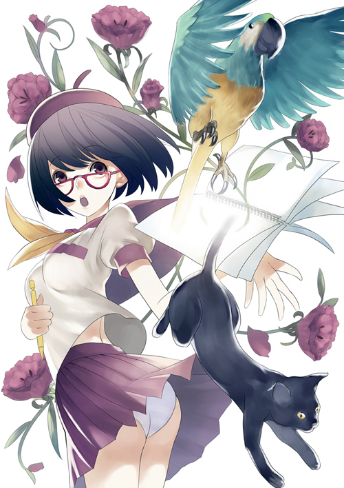 original, bird, black hair, cat, flower, glasses, hat, mechanical pencil, notebook, panties, pantyshot, pencil, school uniform, serafuku, short hair, solo, underwear