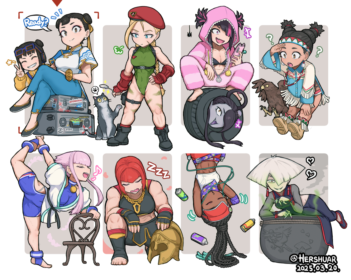 hershuar, a.k.i. (street fighter), cammy white, chun-li, female seth (street fighter), han juri, kimberly jackson, li-fen, lily hawk, manon legrand, marisa (street fighter), seth (street fighter), capcom, street fighter, street fighter 6, +++, 6+girls, ?, artist name, beret, bird, black boots, boots, cellphone, chair, closed eyes, closed mouth, crossed legs, dark-skinned female, dark skin, dated, english text, green leotard, hat, hawk, holding, holding phone, kneeling, leg up, leotard, multiple girls, muscular, muscular female, musical note, official alternate costume, open mouth, phone, sitting, sleeping, smartphone, smile, speech bubble, spoken musical note, squatting, stretching, twitter username, unused tire, upside-down, zzz