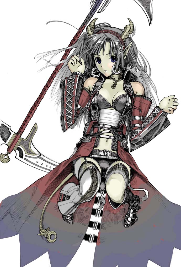 nakabayashi reimei, silver hair, choker, detached sleeves, fantasy, hair ornament, hairband, hairclip, horns, long hair, navel, pointy ears, polearm, purple eyes, solo, weapon