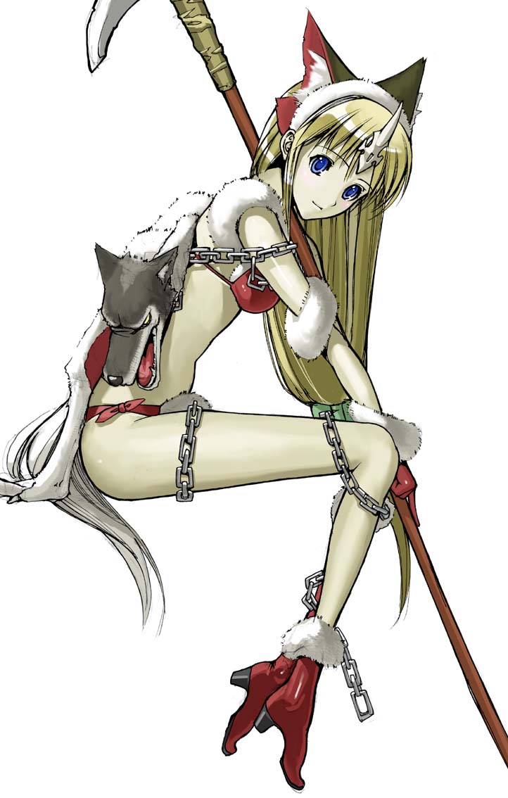 nakabayashi reimei, fenrir knight, riesz, seiken densetsu, seiken densetsu 3, 1girl, animal ears, bikini, blonde hair, blue eyes, chain, fantasy, female focus, horns, long hair, polearm, red bikini, single horn, solo, swimsuit, weapon, wolf ears