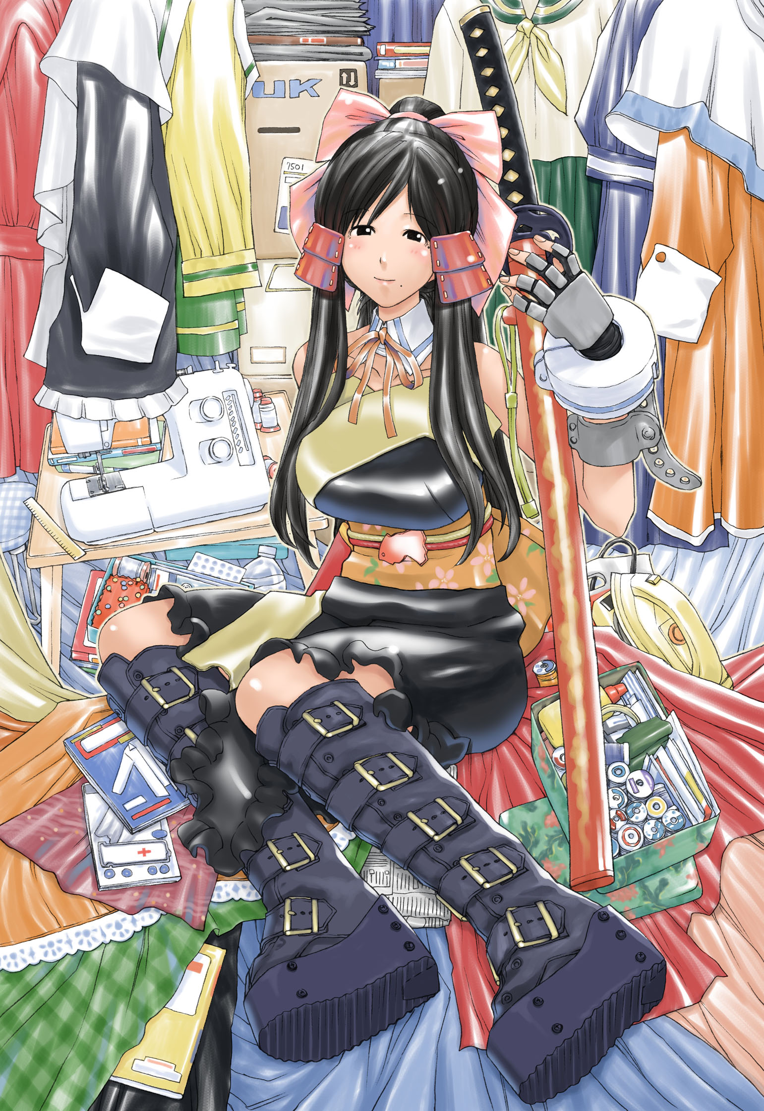 kio shimoku, genshiken, highres, official art, 1girl, absurdly detailed composition, black boots, black eyes, boots, bow, breasts, cosplay, cover, cover page, fingerless gloves, full body, gloves, hair bow, holding, holding sword, holding weapon, katana, knee boots, large breasts, loaded interior, looking at viewer, manga cover, mole, mole under mouth, ohno kanako, scabbard, sewing kit, sewing machine, sheath, sheathed, sitting, smile, solo, sword, unworn clothes, weapon