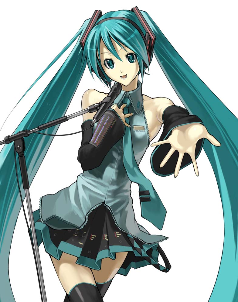 nakabayashi reimei, hatsune miku, vocaloid, aqua eyes, aqua hair, detached sleeves, long hair, microphone, microphone stand, necktie, solo, thighhighs, twintails, zettai ryouiki