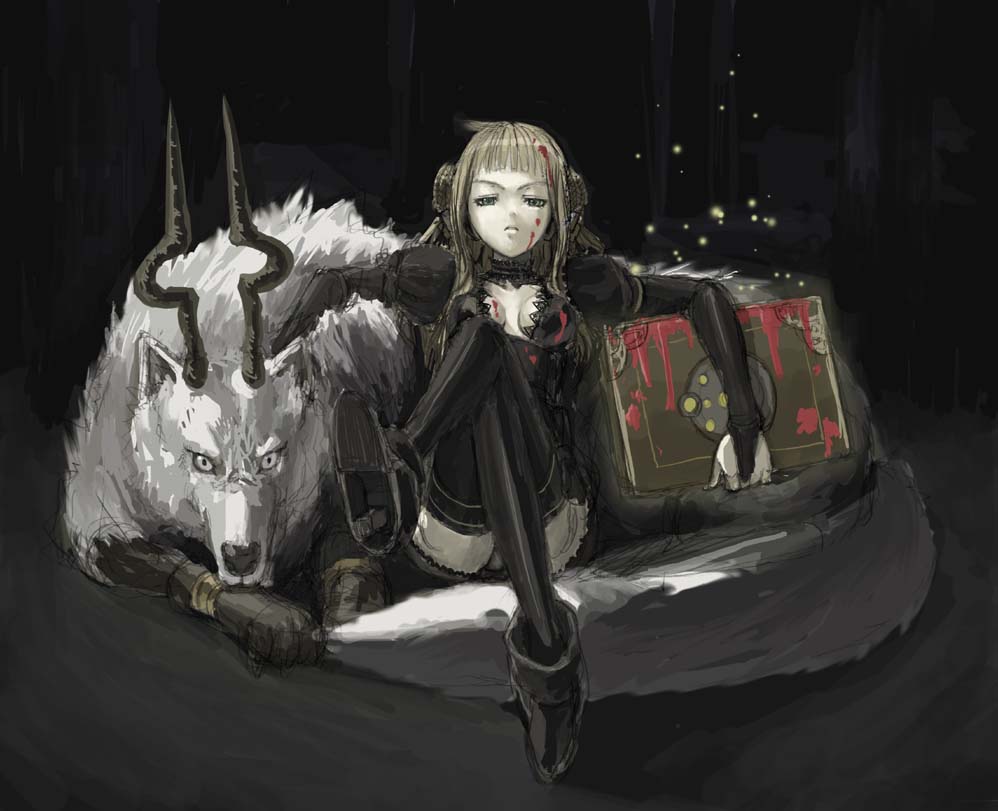 nakabayashi reimei, raki (poison pink), thage, poison pink, beast, 1girl, anklet, blonde hair, blood, book, double bun, female focus, hair bun, horns, jewelry, monster, panties, sitting, solo, staring, thighhighs, underwear, wolf